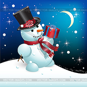 Snowman with gift - color vector clipart