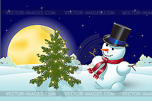 Snowman and Christmas tree - vector clipart