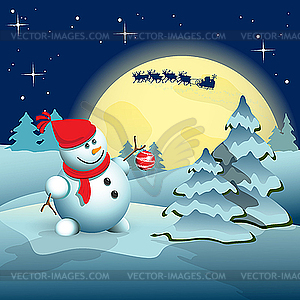 Снеговик и новогодняя елка - векторный клипарт EPS