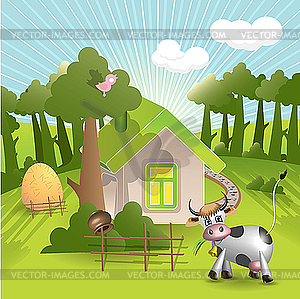 House and cow - vector clipart