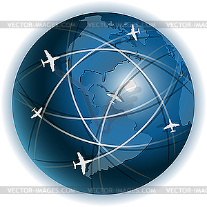 Airplanes over globe - vector clip art