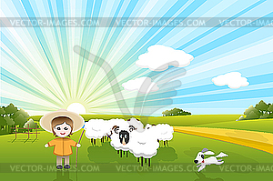 Sheeps and dog - vector image