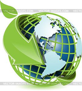 Blue globe and green arrow - vector clipart