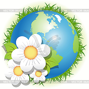 Blue planet and white flowers - vector image