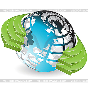 Globe and green arrows - vector clip art