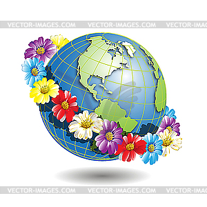 Земной шар в цветочном венке - изображение в векторном формате