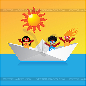 Boat with happy kids - vector image