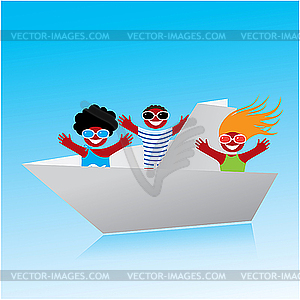 Origami boat with people - vector image