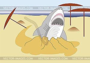 Shark with open mouth is coming out to the beach - vector image