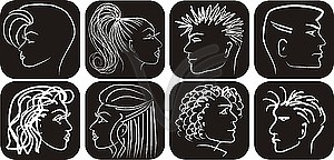 Black and white man`s and woman`s faces - vector image