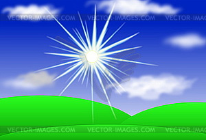 Landscape with Sun, Hills, Blue Sky And Clouds - vector EPS clipart