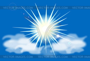 Sun on blue sky with flares - vector image