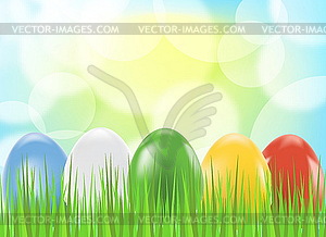 Colored easter eggs on green background with grass - vector clipart