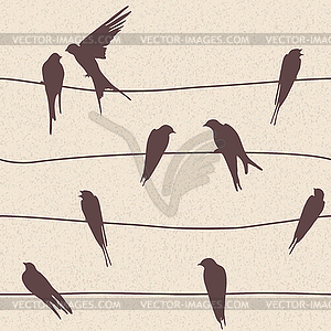 Seamless pattern with birds on wires - vector image