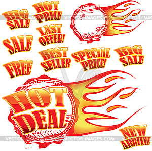 Flaming sale stickers and rubber stamp - vector clipart