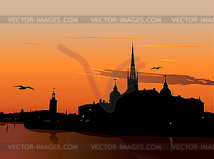 Silhouette of Stockholm at sunset - vector clipart