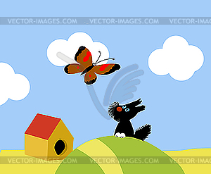 Small dog and butterflies - vector image