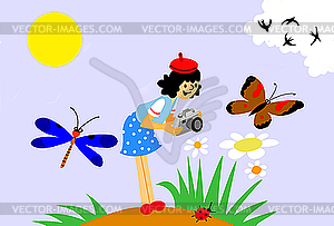 Girl with camera on meadow - vector clipart