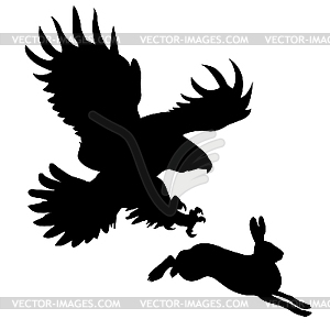 Silhouette of ravenous bird attacking hare - vector clip art