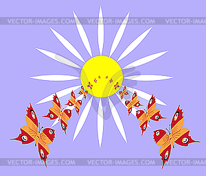  abstract drawing butterfly flying to sun - color vector clipart