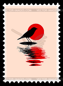 Silhouette of the bird on postage stamp - vector image