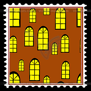 Home window on postage stamp. - vector image