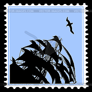 Silhouette sailfish on postage stamp - vector image