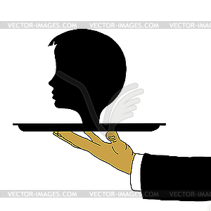 Hand of the waiter with head on tray - vector image