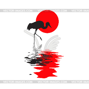 Silhouette of the crane on solar background - royalty-free vector image