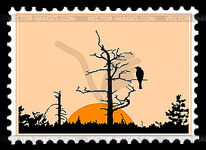 Silhouette of the bird on tree on postage stamp - vector clip art