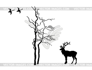 Silhouette of deer near tree - vector image