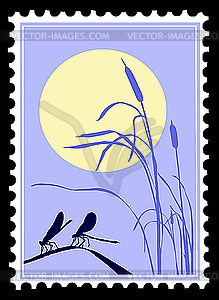 Silhouette of dragonflies on postage stamp - vector clipart