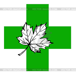 Maple leaf on green cross - vector clip art