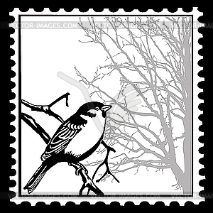 Silhouette of the birds on postage stamp - vector image