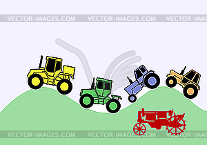 Drawing five tractors on crooked road - vector clipart