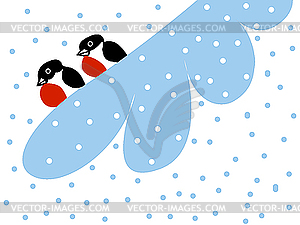 Drawing two bullfinches on snow branch - vector image