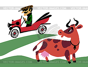 The old-time car on field - color vector clipart