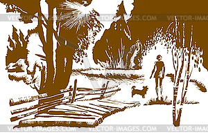 Девушка с собакой возле моста - векторизованное изображение