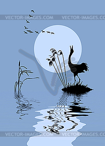 Силуэт птицы на озере - векторный клипарт / векторное изображение