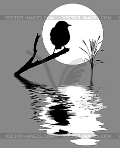 Small bird on branch amongst water - vector clip art