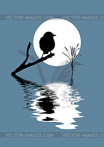 Small bird on branch tree amongst water - vector clipart