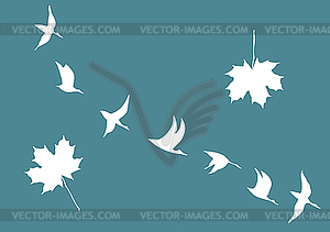 Silhouettes of the cranes and maple leaves - vector image