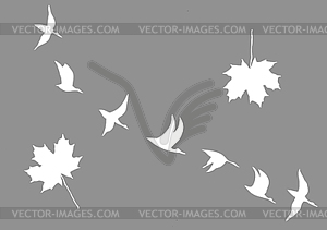 Silhouettes of the cranes and maple leaves - vector image