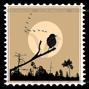 Silhouette of the birds on postage stamp - vector clip art