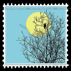Silhouette ravens on tree on postage stamp - vector image