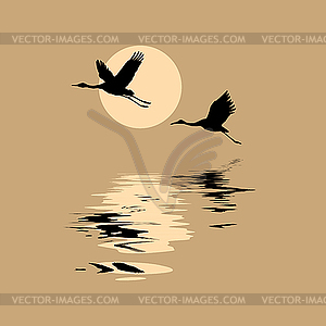 Silhouettes of flying cranes - vector clipart