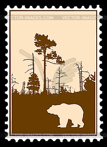 Silhouette of bear in forest on postage stamp - vector image