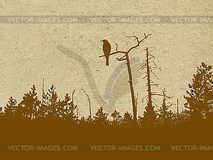 Grunge background with forest and bird on branch - vector image