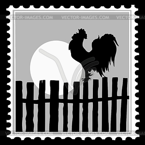Silhouette of the cock on postage stamp, - vector clipart