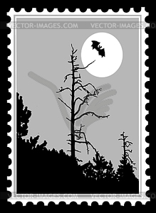 Silhouette to bat on postage stamp, - vector image
